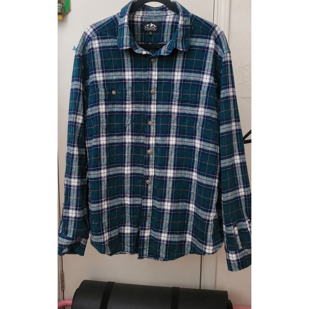 Pacific Collections Mens XL Flannel Plaid Button Down Shirt Teal White Navy